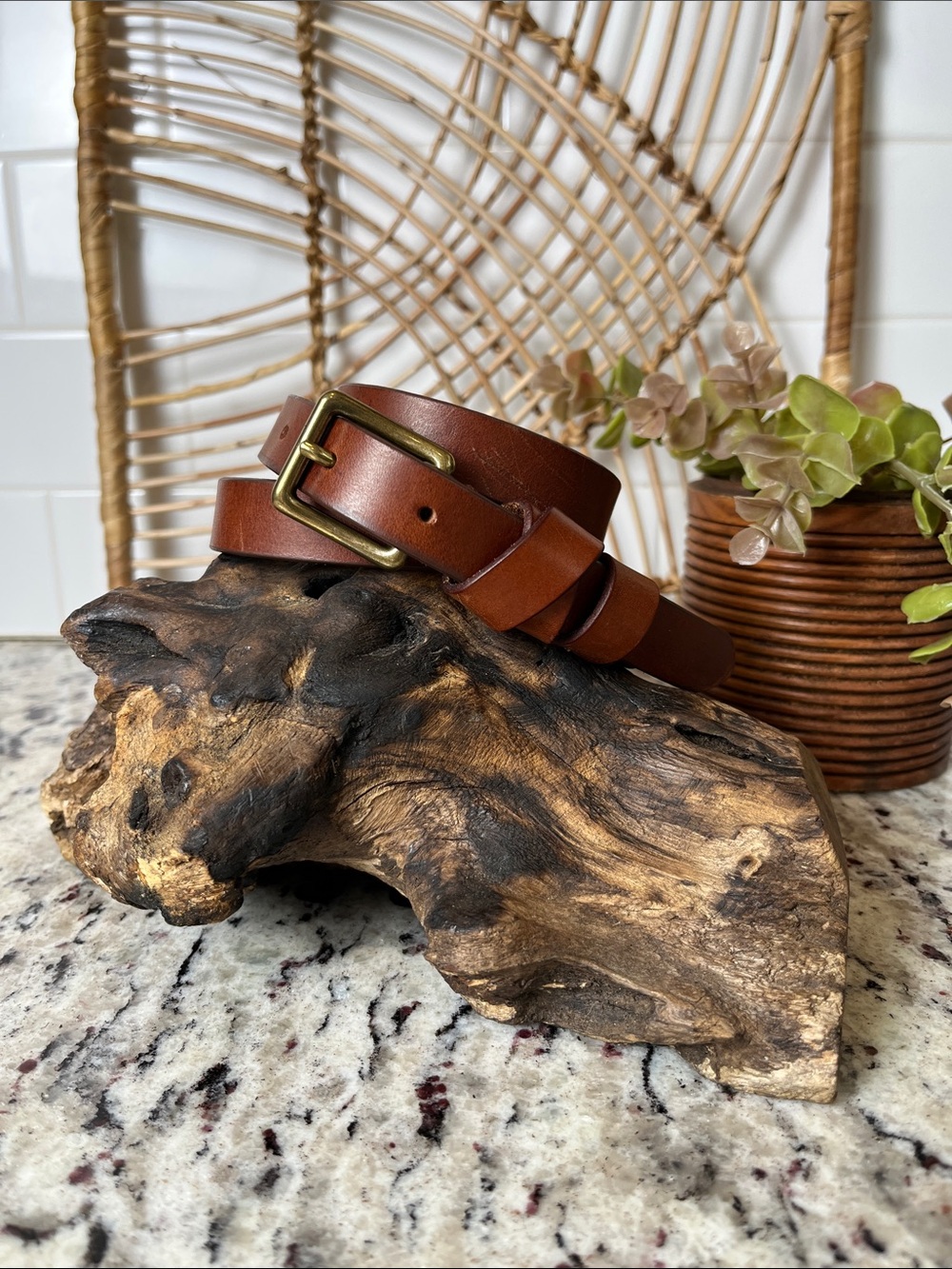 Madewell Chestnut Brown Leather Belt with Brass Buckle